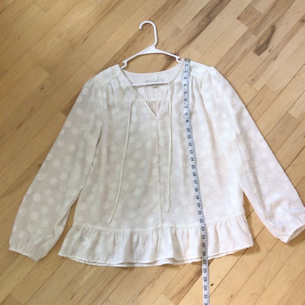 2/$10 LOFT White Ruffled Long Sleeve Bib Collar Blouse - Picture 2 of 6